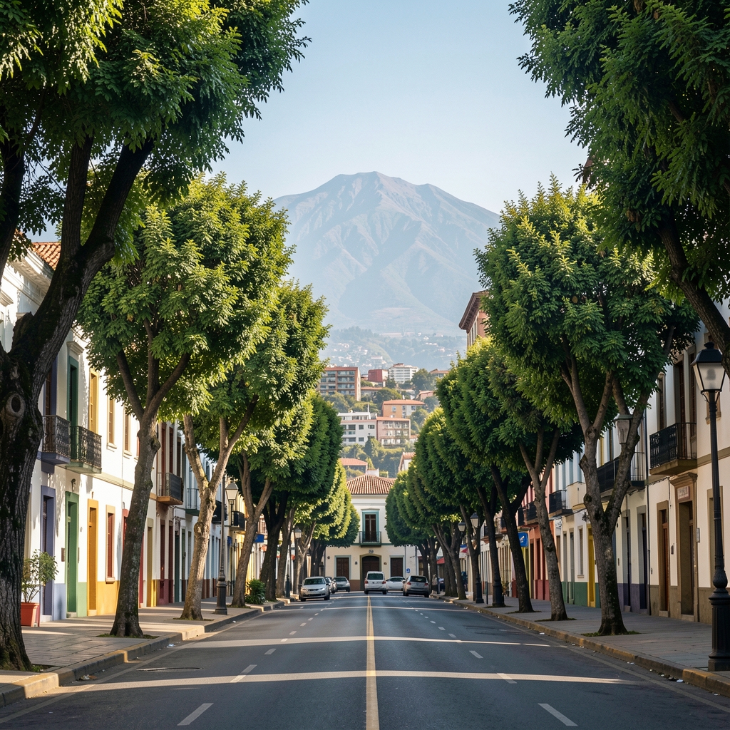 Calle arbolada de Quito con arquitectura urbana y montañas al fondo durante una mañana clara