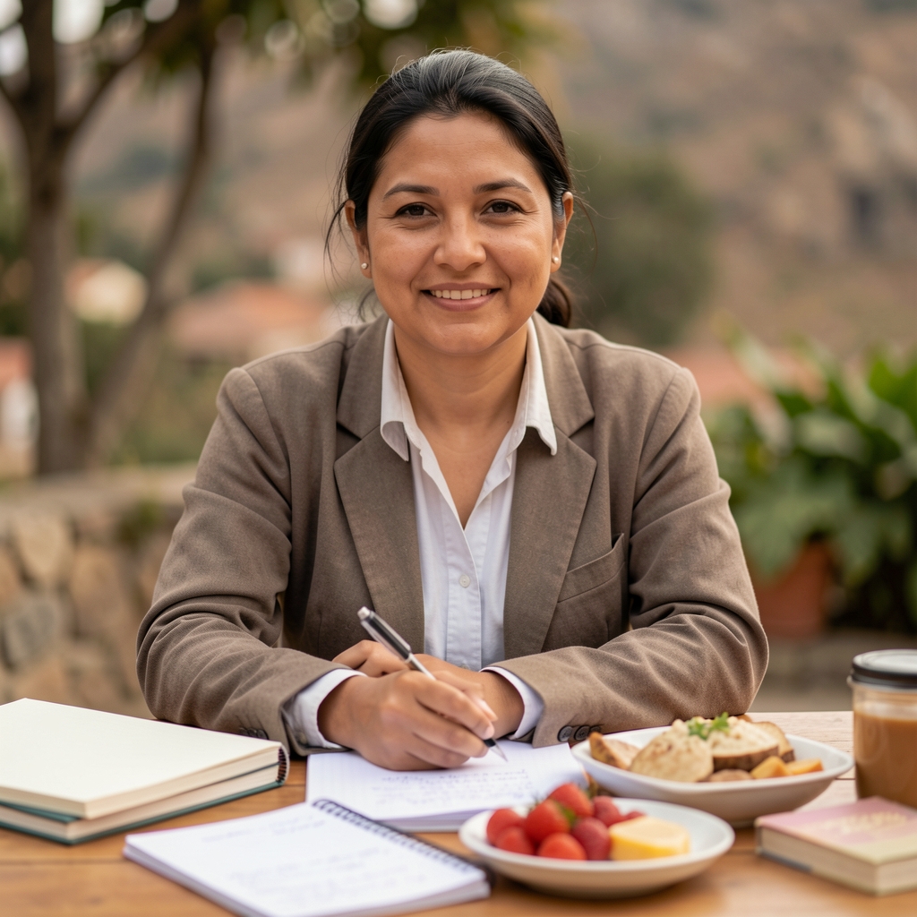 Mesa de trabajo con cuadernos, muestras de alimentos y notas editoriales en Quito