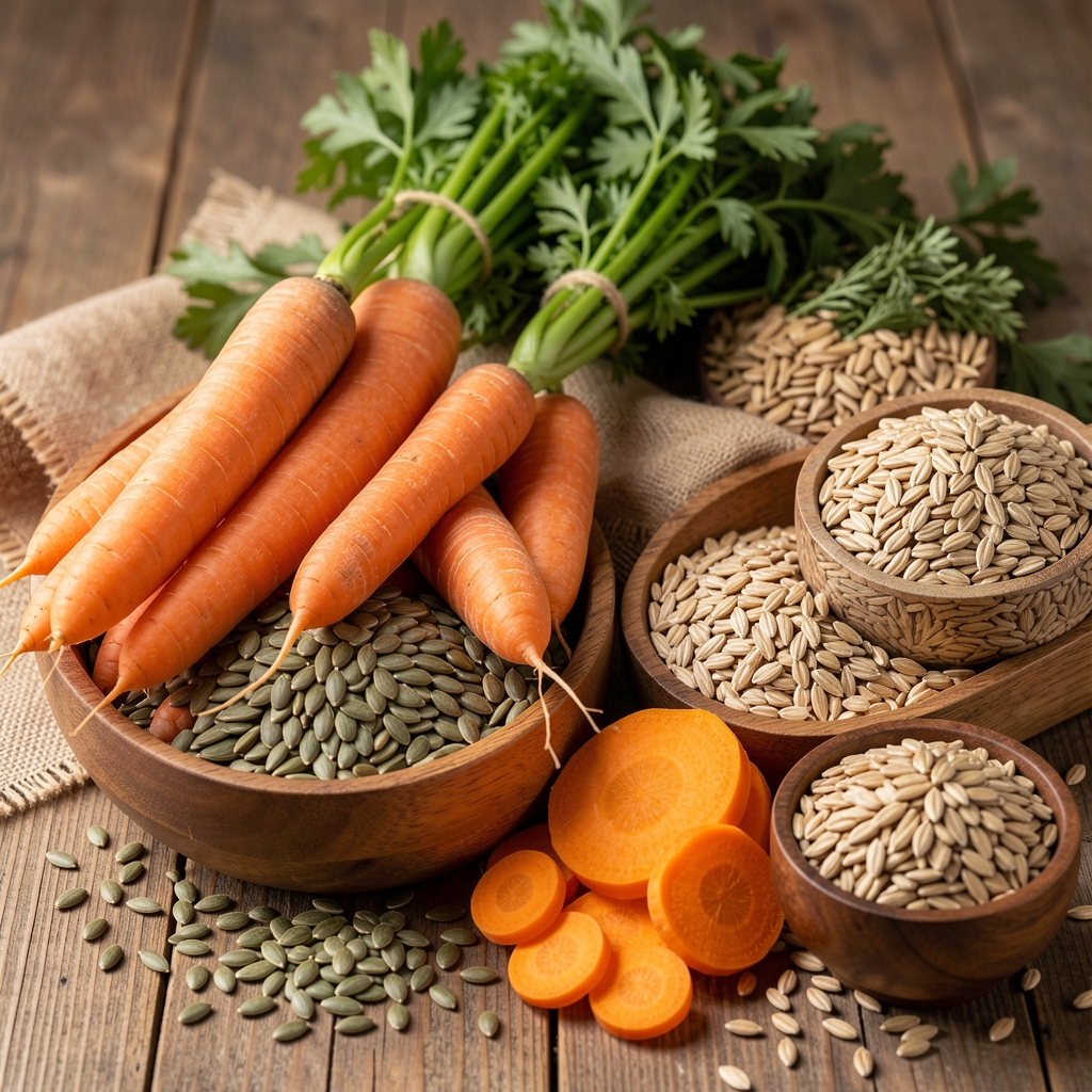 Zanahorias, semillas de calabaza y cereales integrales organizados como bodegón nutricional