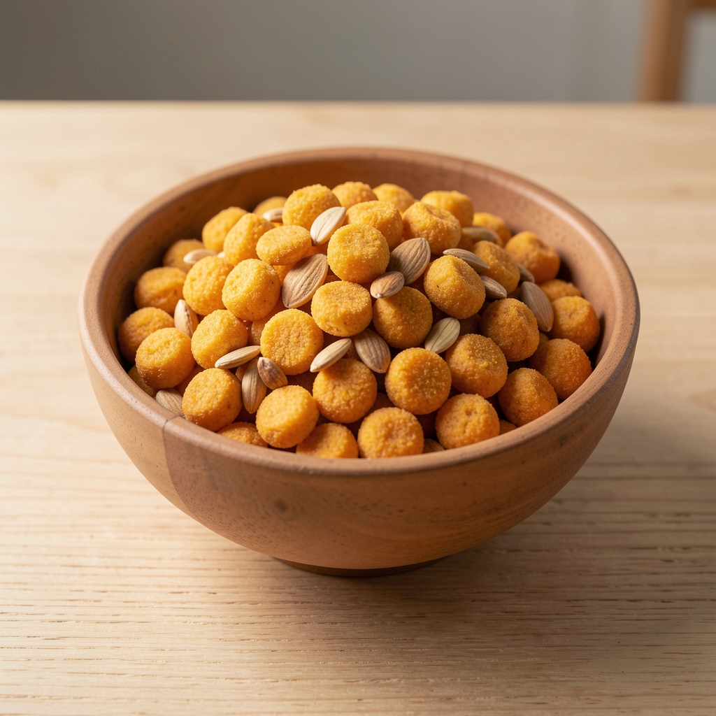 Cuenco de alimentos dorados ricos en vitamina A y zinc sobre una mesa de madera clara