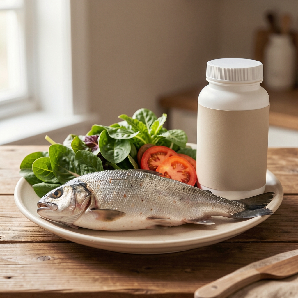 Mesa editorial con pescado, vegetales de hoja y frasco neutro de suplementos alimenticios