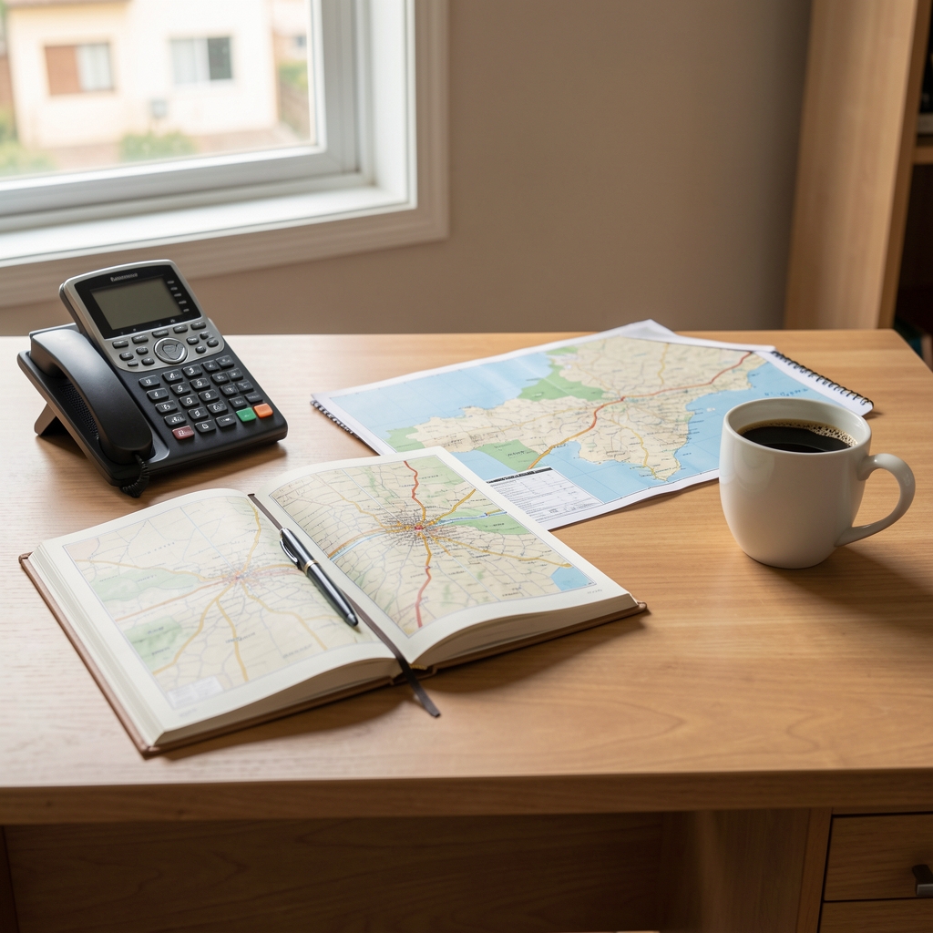 Escritorio luminoso con teléfono, cuaderno abierto y mapa de Quito junto a una taza de café