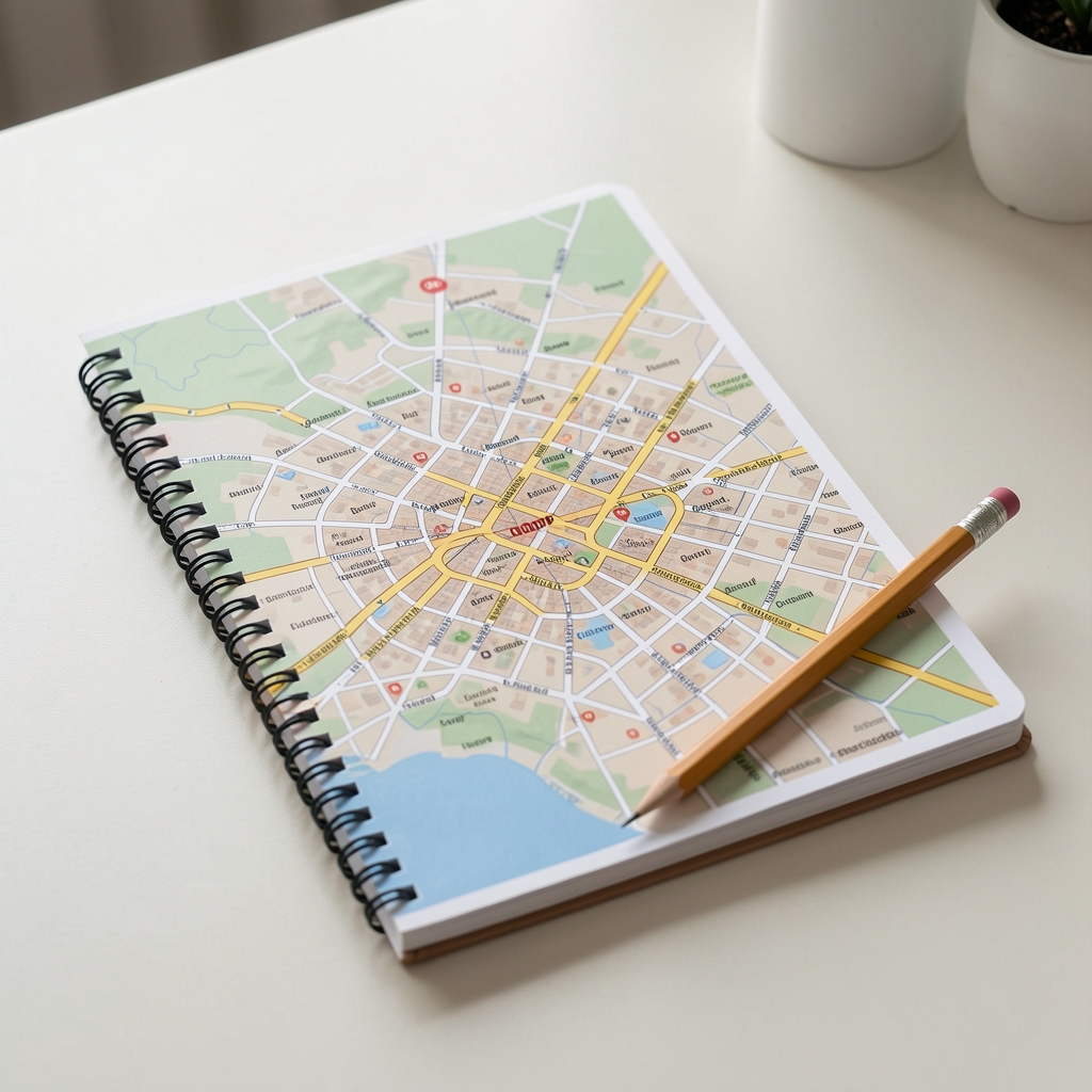 Cuaderno de contacto con mapa urbano de Quito y lápiz sobre escritorio claro