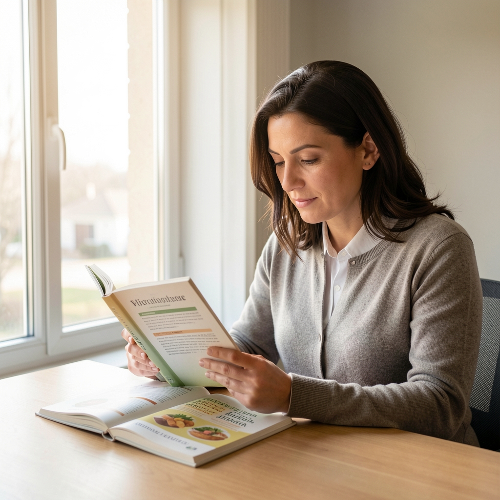 Persona adulta leyendo junto a una ventana luminosa con un cuaderno de nutrición sobre la mesa