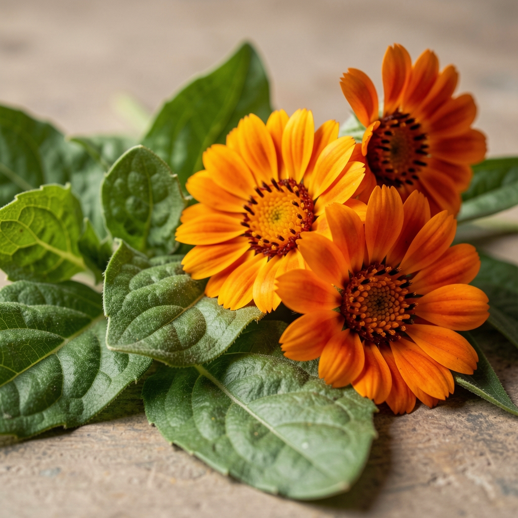Detalle de hojas verdes y flores de caléndula dispuestas para una fotografía de ingredientes naturales