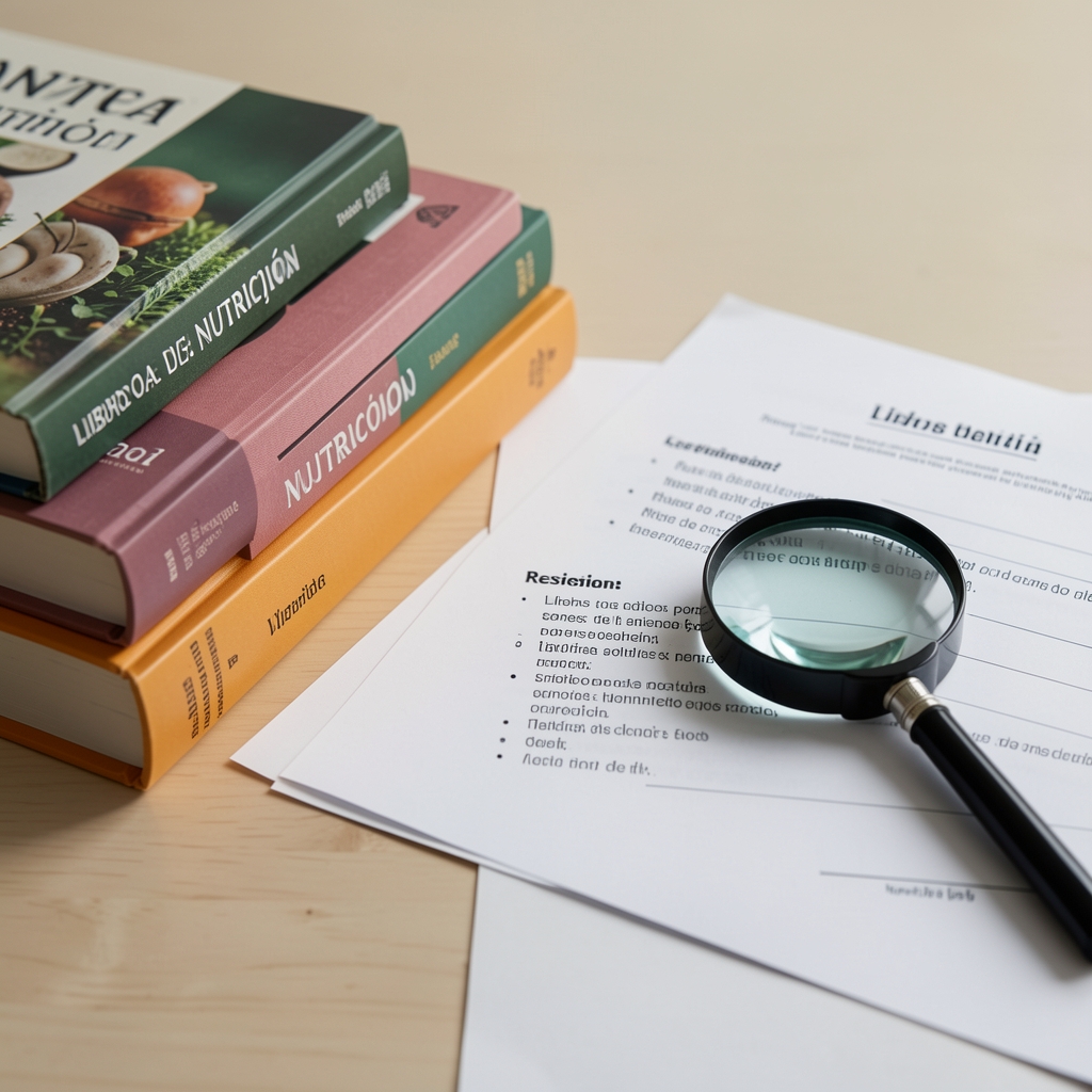Libros de nutrición y hojas de revisión alineados junto a una lupa de lectura
