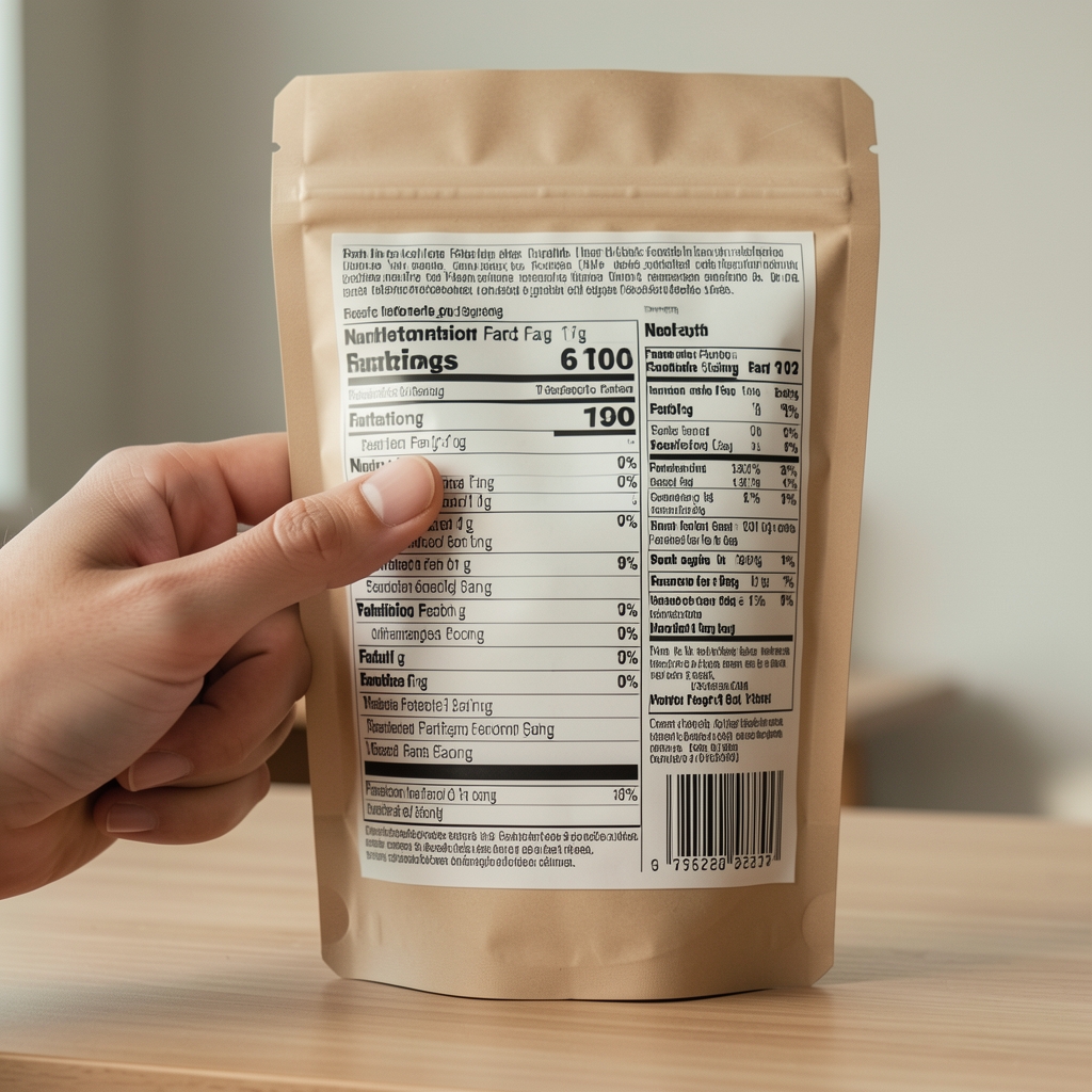 Mano señalando la tabla de información nutricional en el reverso de un empaque